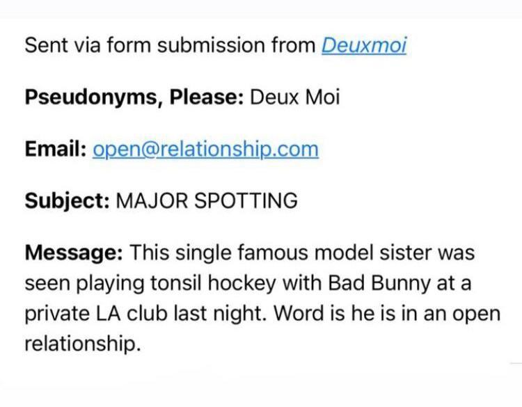 El testimonio de una persona que vio a Bad Bunny besándose con una modelo. La noticia fue publicada por DeuxMoi (Foto: DeuxMoi)