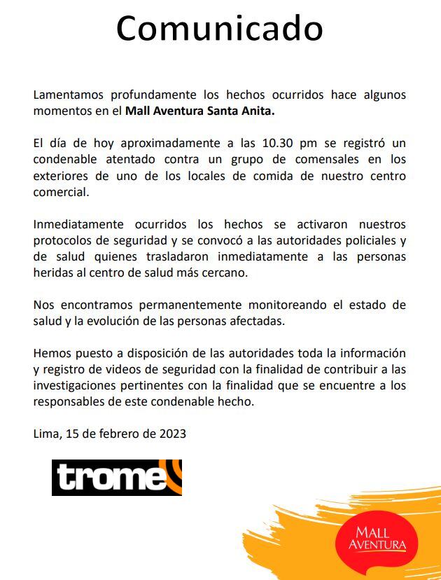 Comunicado Mall Aventura Santa Anita