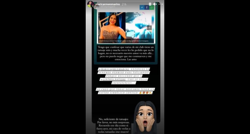 Maricarmen Marín queda en shock al ver que fan se tatuó su sombre