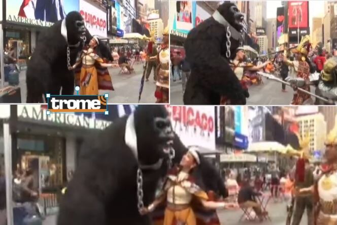 Hasta King Kong quedó cautivado por la coya que llegó junto al inca y el séquito imperial al Times Square en Nueva York. (Compos. Isabel Medina / Trome /TV).