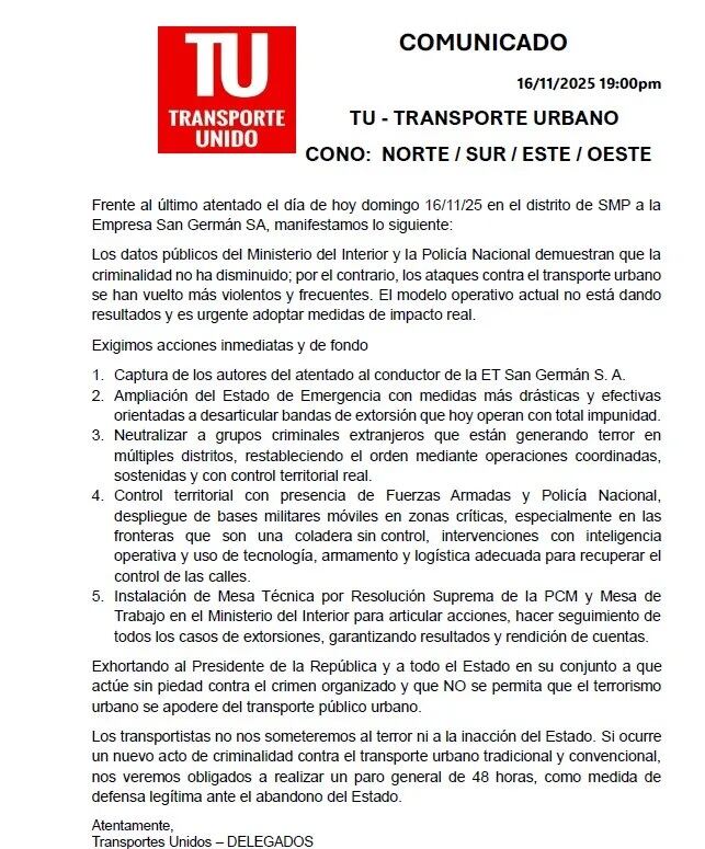 Comunicado emitido el último domingo 16 de noviembre por Transporte Unido, anunciando el paro de 48 horas, si es que ocurre un nuevo atentado contra los conductores o buses.