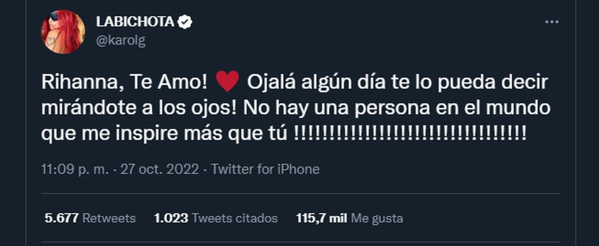 El mensaje de la medellinense a Rihanna (Foto: Karol G / Twitter)