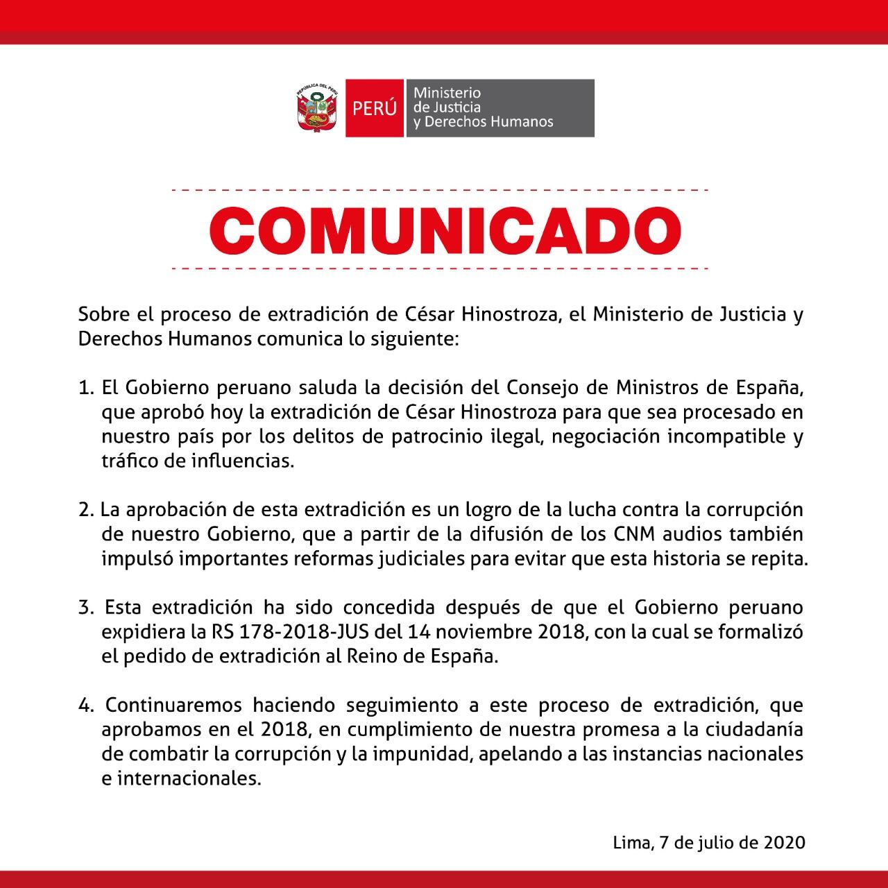 El Ministerio de Justicia saludó la decisión del gobierno de España para extraditar a César Hinostroza.