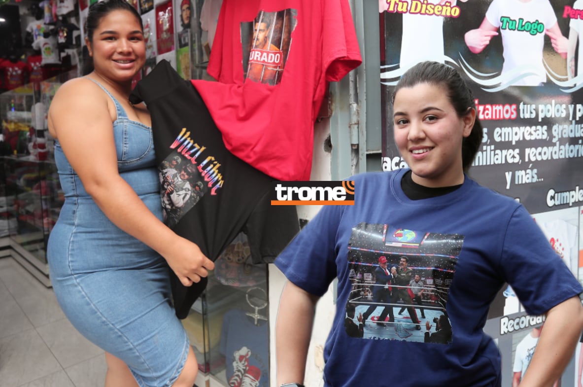 Venezolanas venden polos con imágenes de la captura de Nicolás Maduro y frases 'Venezuela libre', y a la vez no quieren control de Trump. (Entrevista: Isabel Medina / Foto: Jesús Saucedo / Trome).