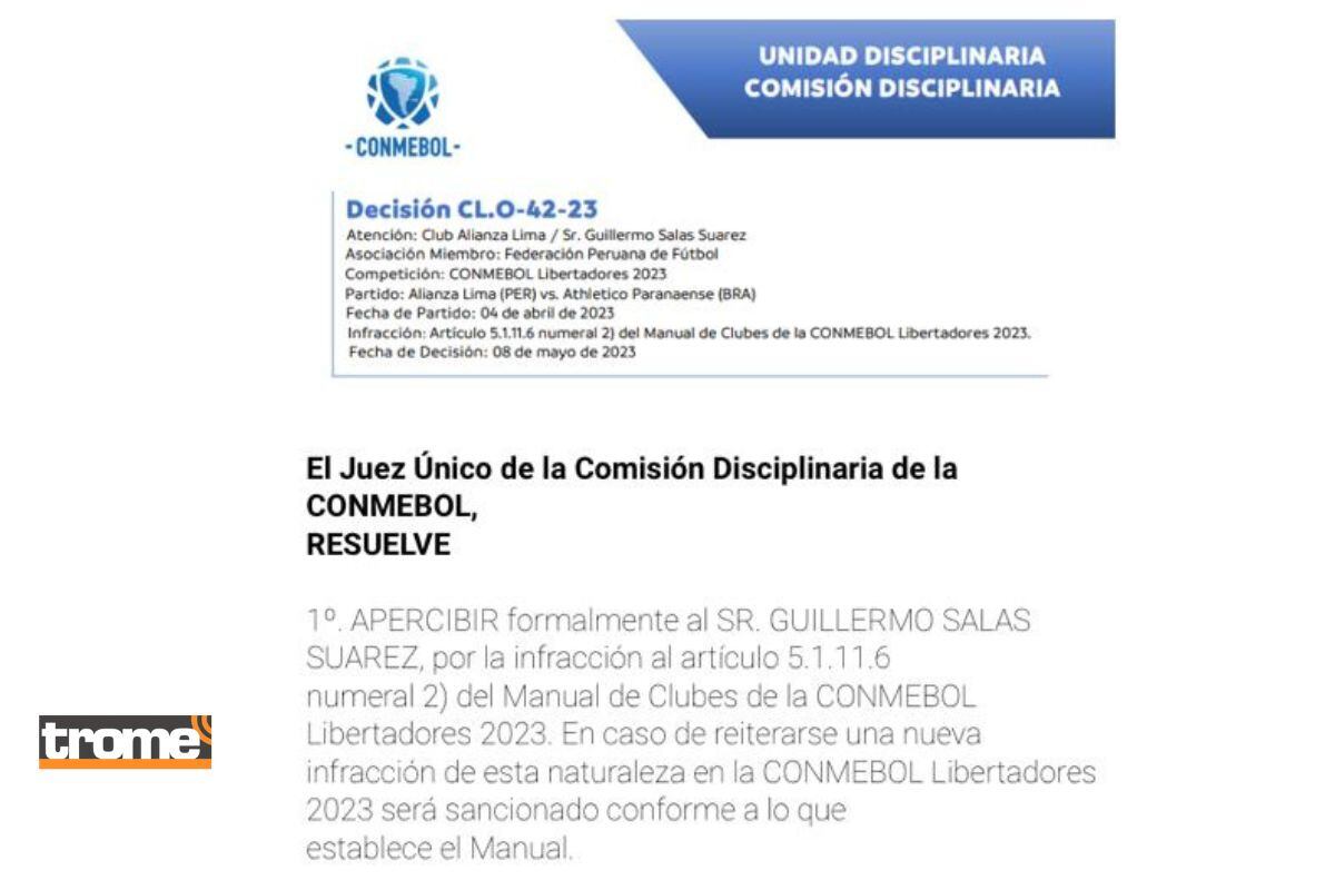 Conmebol envió notificación sobre aprecibimiento a Guillermo Salas (@conmebol)