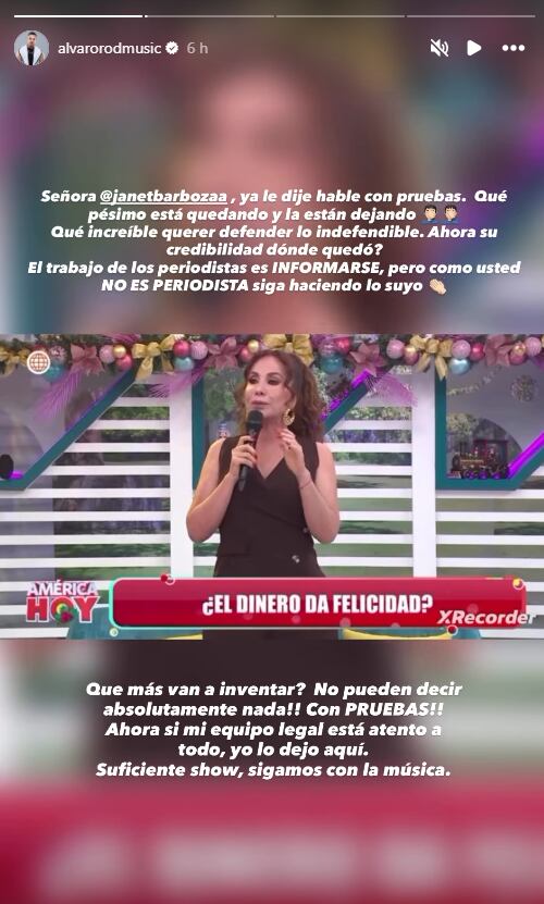 Cantante mandó fuerte mensaje en redes contra Janet Barboza. (Instagram: @alvarorodmusic)