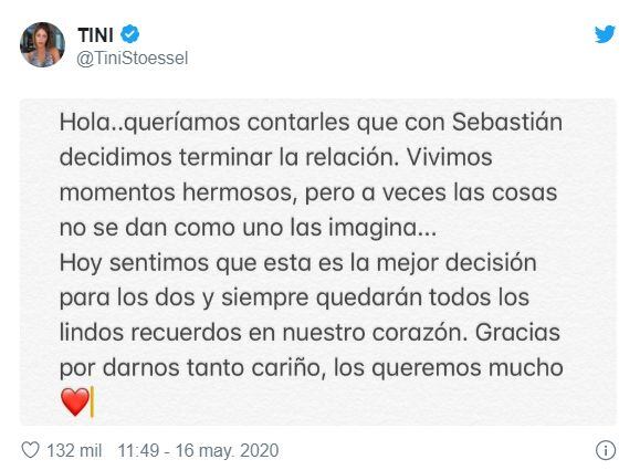 Mensaje de Tini Stoessel dando por terminada su relación con Sebastián Yatra