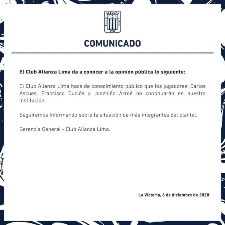 El comunicado de Alianza Lima tras la salida de Arroé, Ascues y Duclós. (Documento: Alianza Lima)