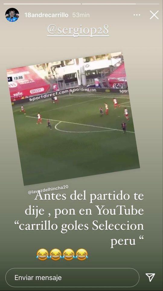 André Carrillo en Instagram sobre el gol de Sergio Peña