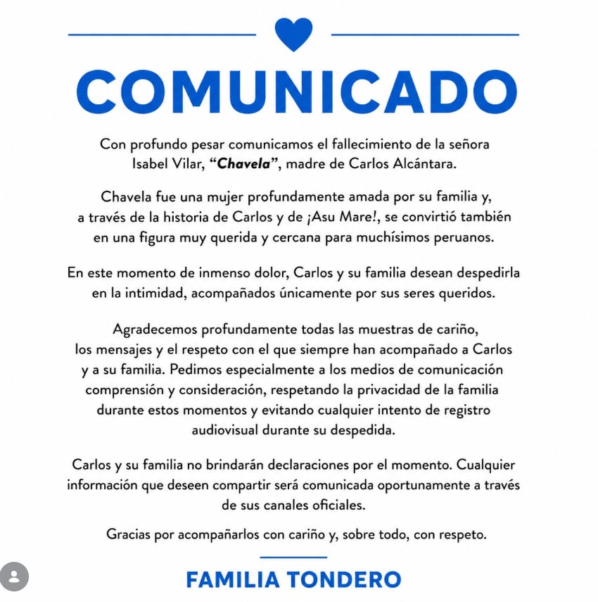 Tondero confirma el fallecimiento de la madre de Carlos Alcántara.
