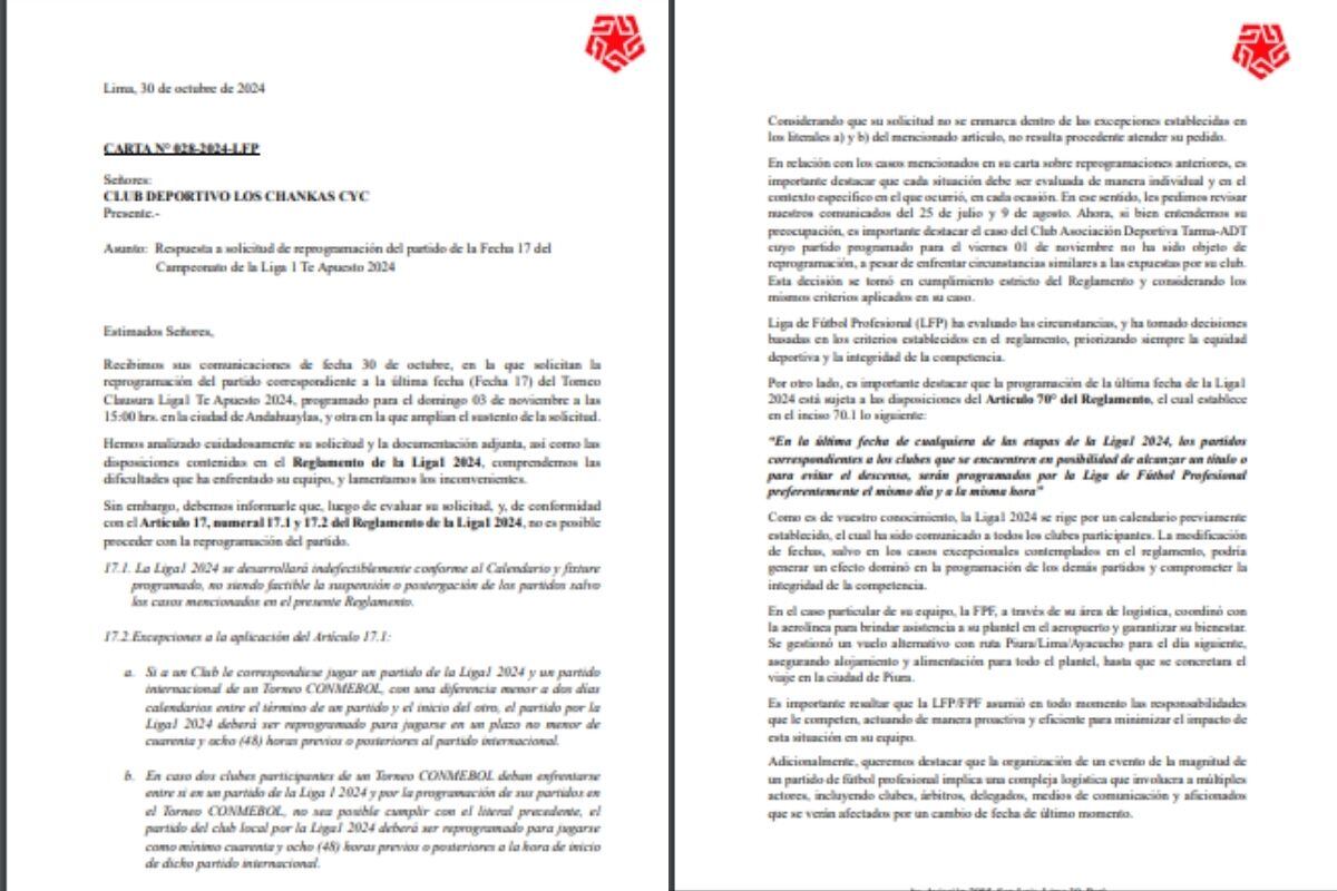 Esta es la carta que recibió el club Los Chankas (Difusión)