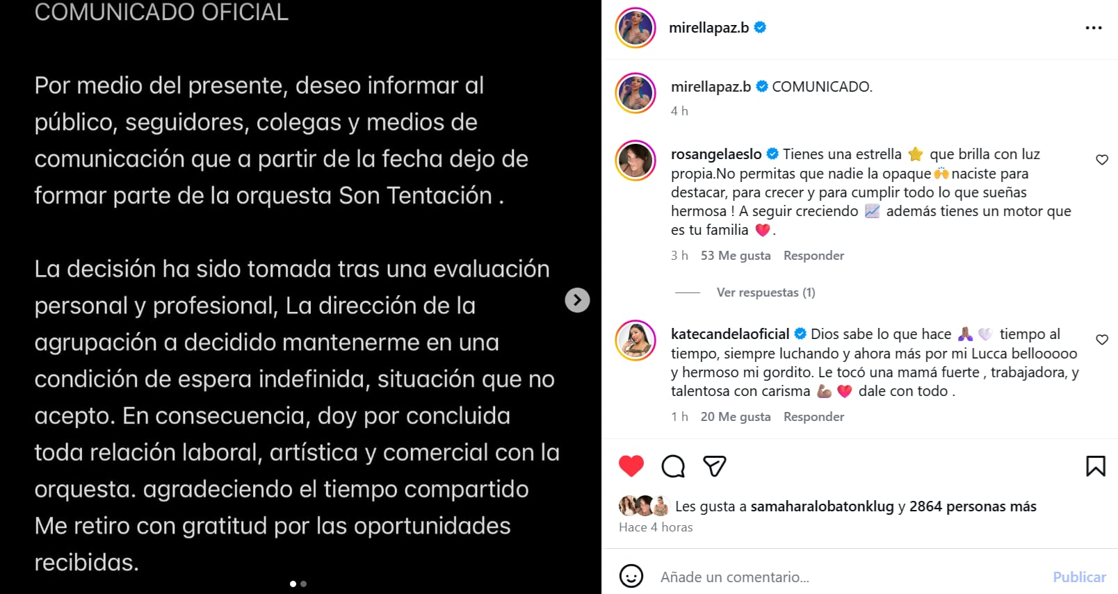 Mirella Paz comunica que ya no seguirá más en la agrupación Son Tentación.