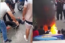 Los Olivos: Amarran y golpean a sujeto por robo a escolar y le queman la moto | VIDEO