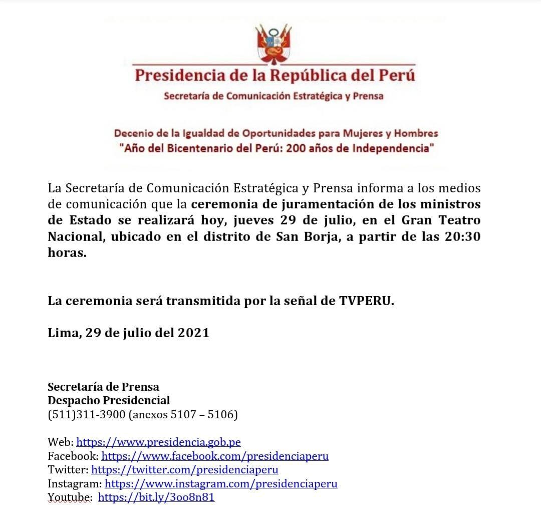 Juramentación del Gabinete será este jueves a las 8:30 p.m. (Documento)