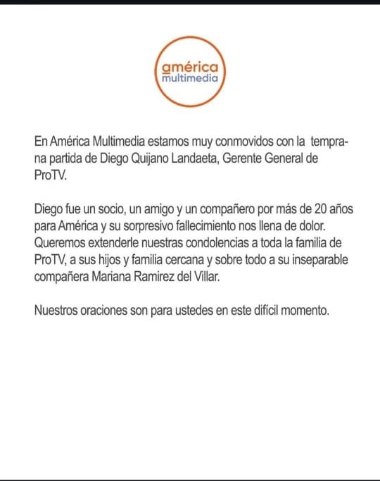 Comunicado sobre el fallecimiento de Diego Quijano. (Redes sociales)