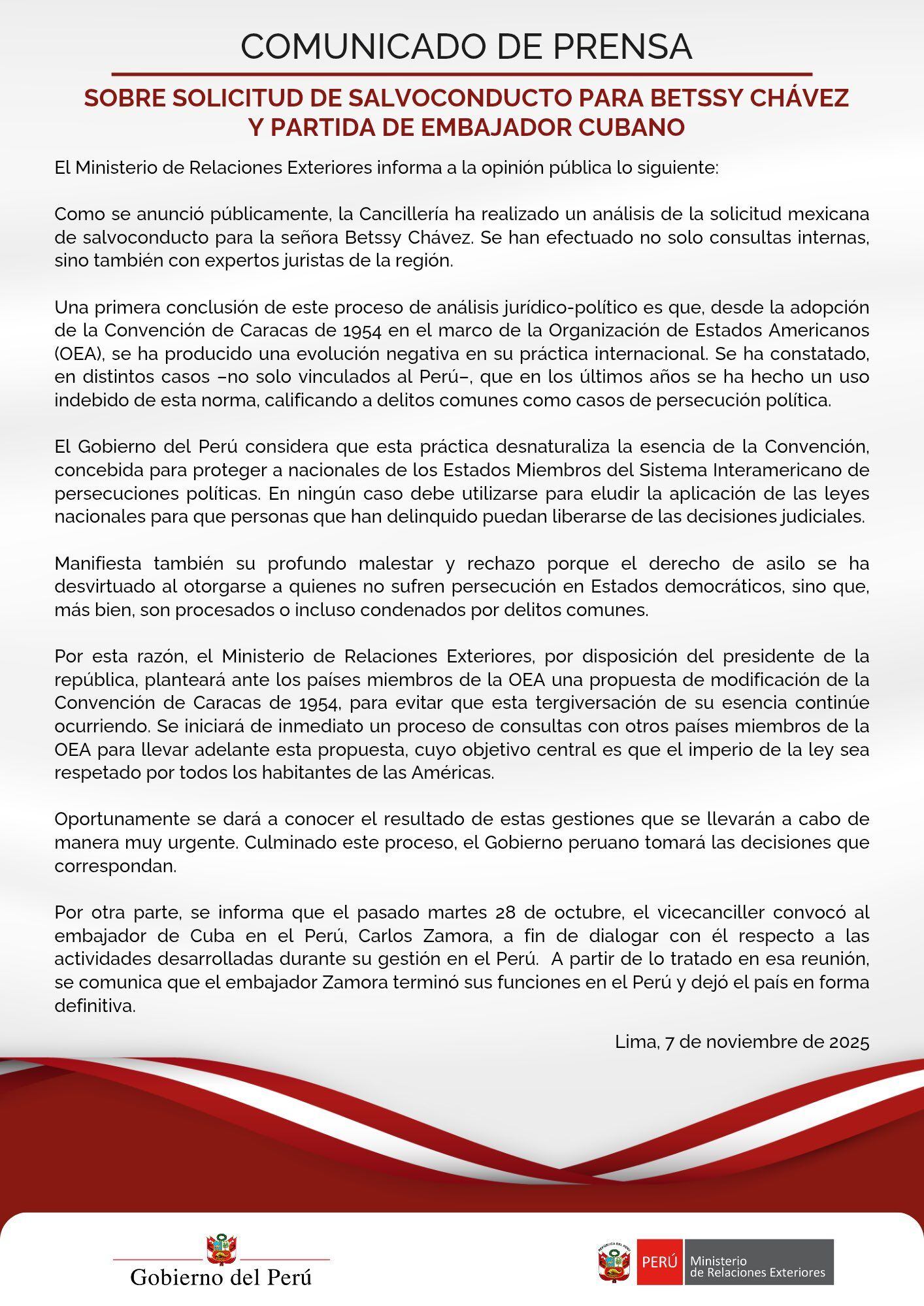 Comunicado de Cancillería sobre Betssy Chávez