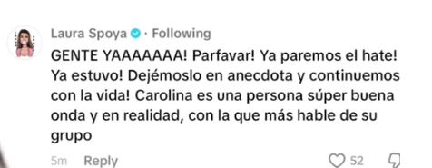 Laura Spoya comenta publicación de Carolina Braedt tras polémica con influencers.