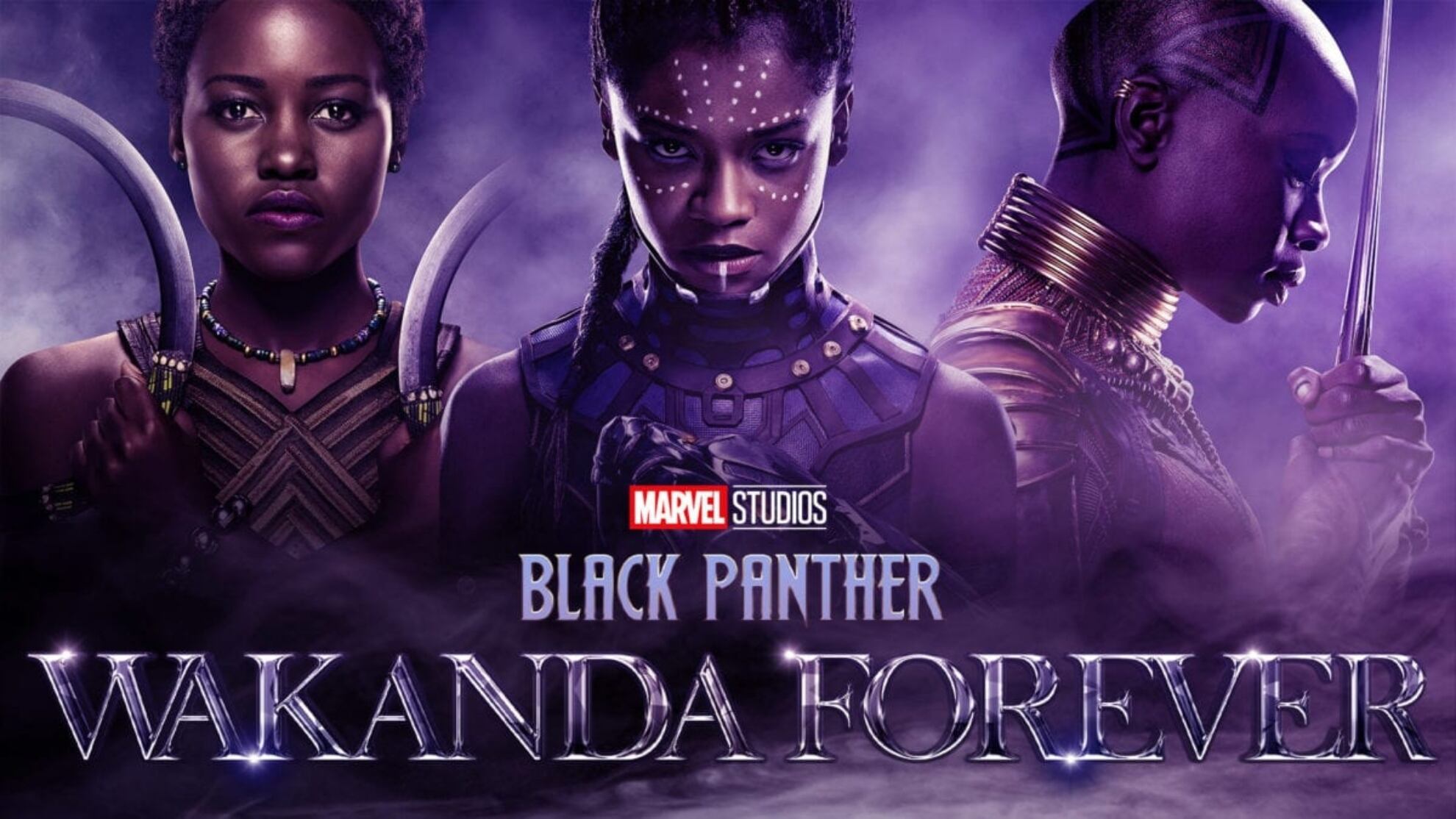 Póster promocional de "Black Panther: Wakanda Forever”, mostrando a Letitia Wright, Lupita Nyong'o y Danai Gurira (Foto: Marvel Studios)