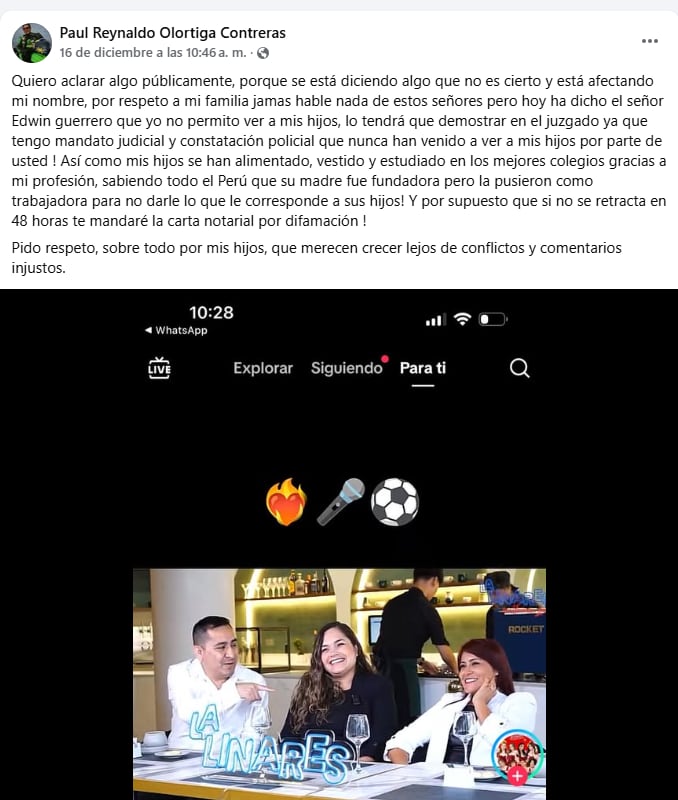 La confesión no pasó desapercibida y rápidamente generó reacciones, especialmente del viudo de la cantante, Paul Olórtiga.
