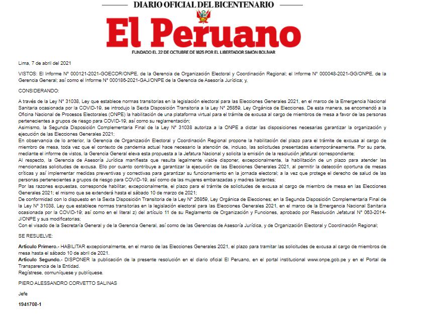 La resolución fue publicada este jueves en el boletín de Normas Legales del diario oficial El Peruano. (Documento)