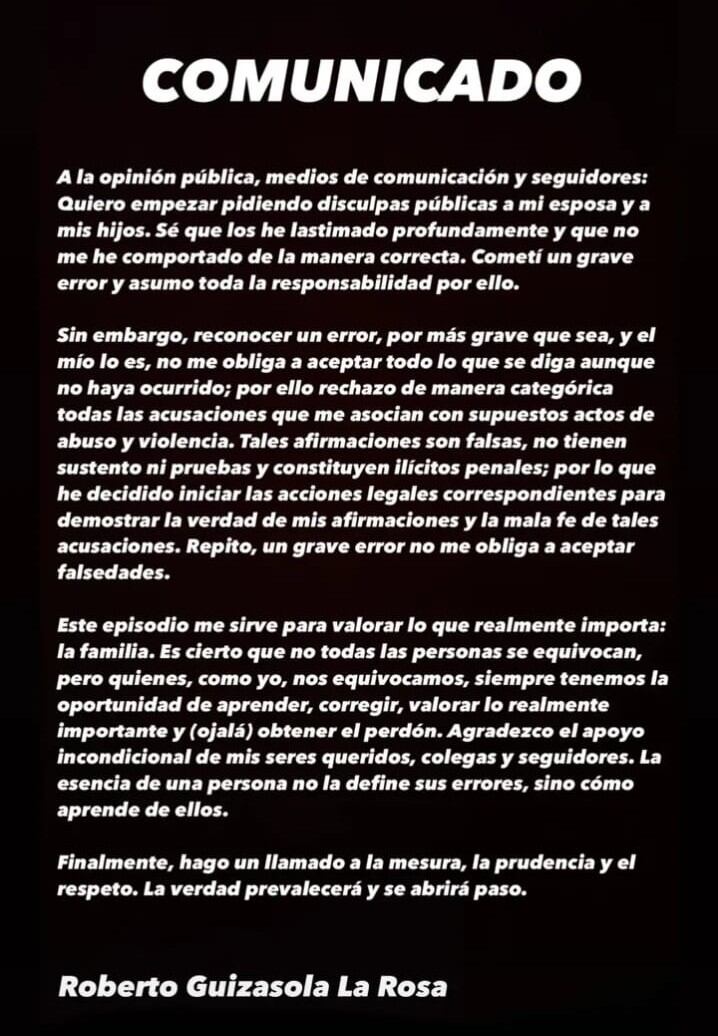Roberto Guizasola emitió un comunicado por redes sociales.