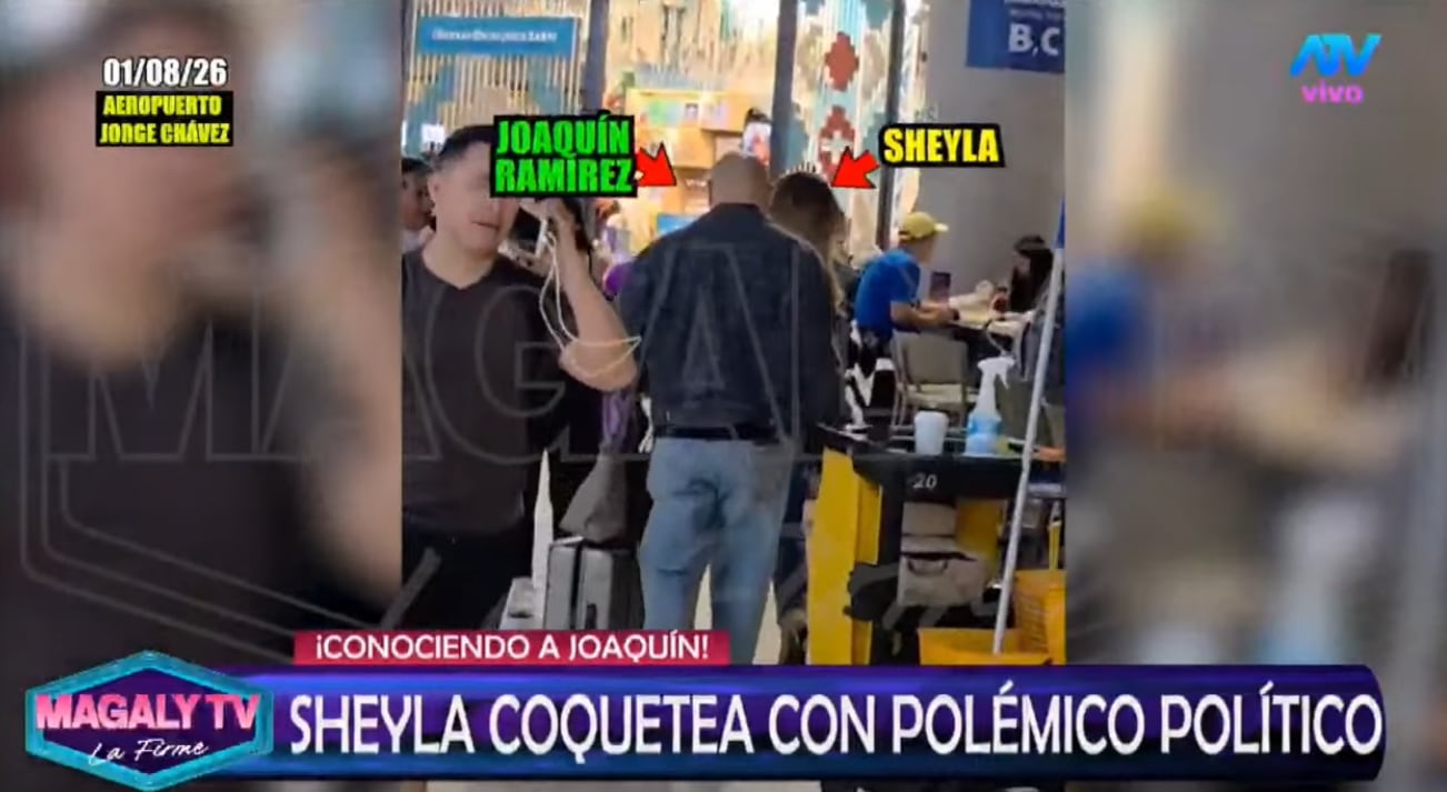 Sheyla Rojas y Joaquín Ramírez captados en el aeropuertos antes de partir a Cajamarca.