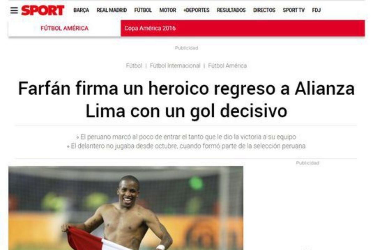 Diario Sport reconoció importancia de Farfán en su regreso (captura)