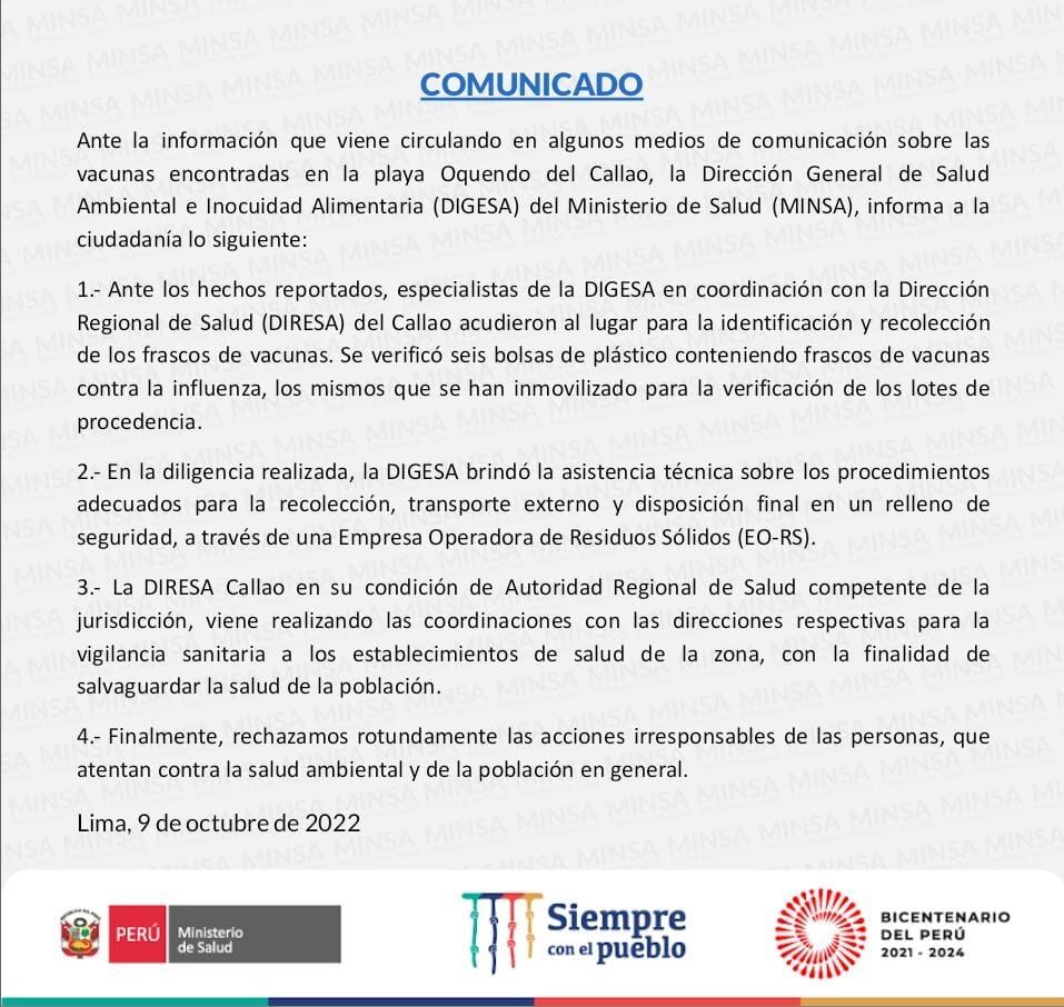 Ante la información que viene circulando en algunos medios de comunicación sobre las vacunas encontradas en la playa Oquendo del Callao. Foto: Minsa