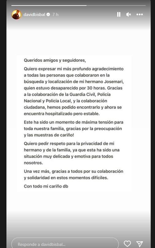 El mensaje de David Bisbal sobre su hermano (Foto: David Bisbal/historia de Instagram)