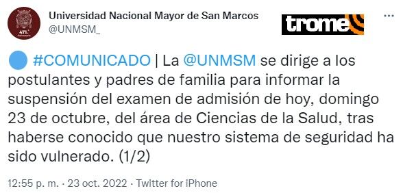 UNMSM suspende examen de admisión para el área de Ciencias de la Salud.