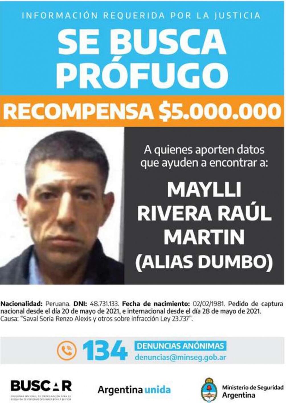 Se busca a "Dumbo". La persona más buscada de Argentina es un delincuente peruano. Vergonzoso.