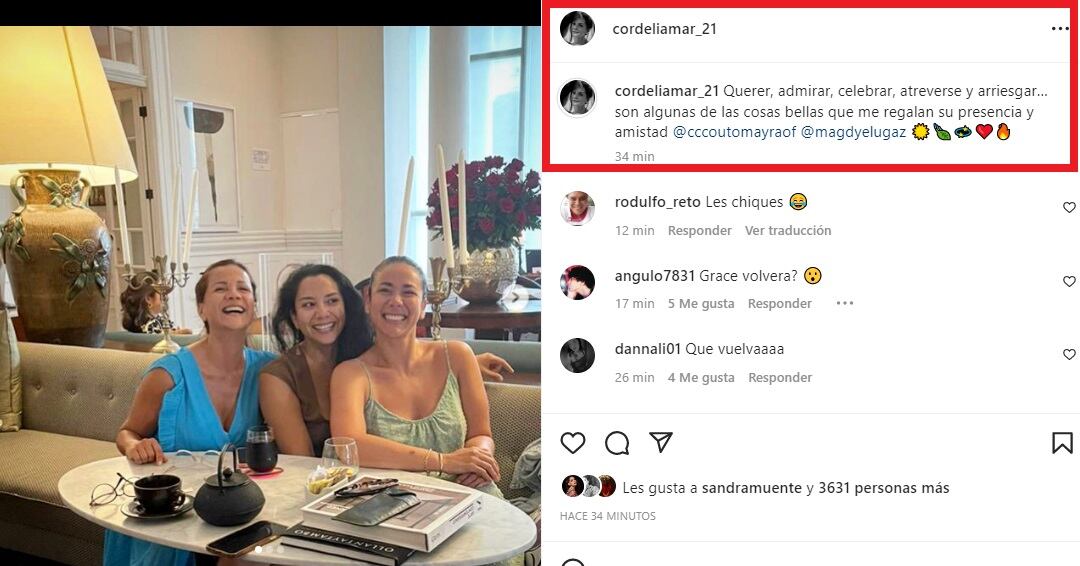 Mayra Couto regresó a Perú y se reencontró con Mónica Sánchez y Magdyel Ugaz. (Foto: @cordeliamar_21).