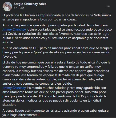 Hermano de Jimmy Chinchay se refirió a la salud del periodista en redes sociales. (Foto: Facebook)