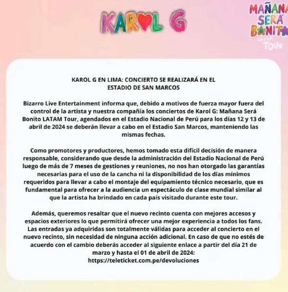 Conciertos de Karol G en Perú sufrieron una modificación en su sede, dado que ya no se realizará en el Estadio Nacional de Lima.