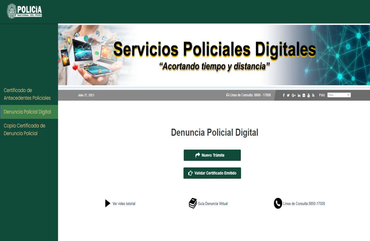 Para acceder a la plataforma debe de ingresar a la página web de la Policía Nacional del Perú. (Imagen: PNP)