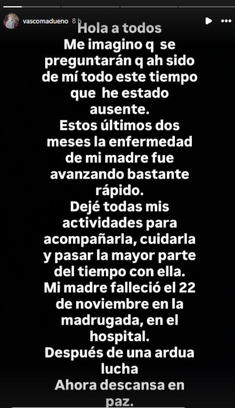 Hijo de Guillermo Dávila confirma la muerte de su madre. (Instagram)