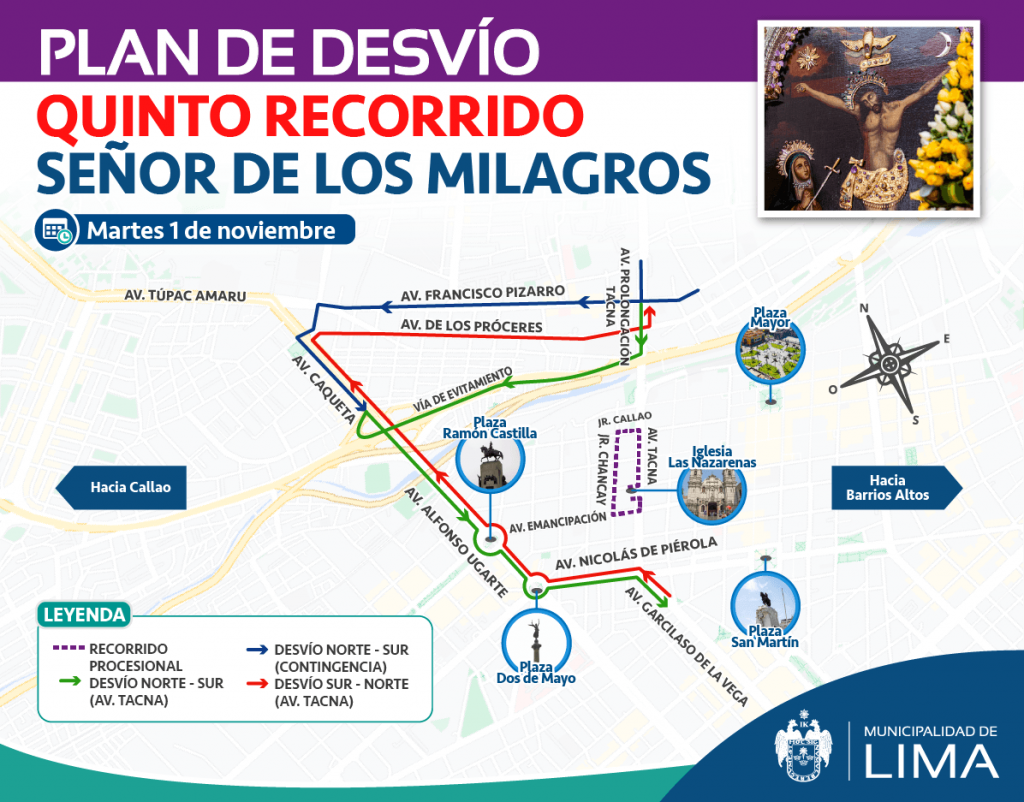 Municipalidad de Lima informa sobre el plan de desvío quinto recorrido del Señor de los Milagros este martes 1 de noviembre.