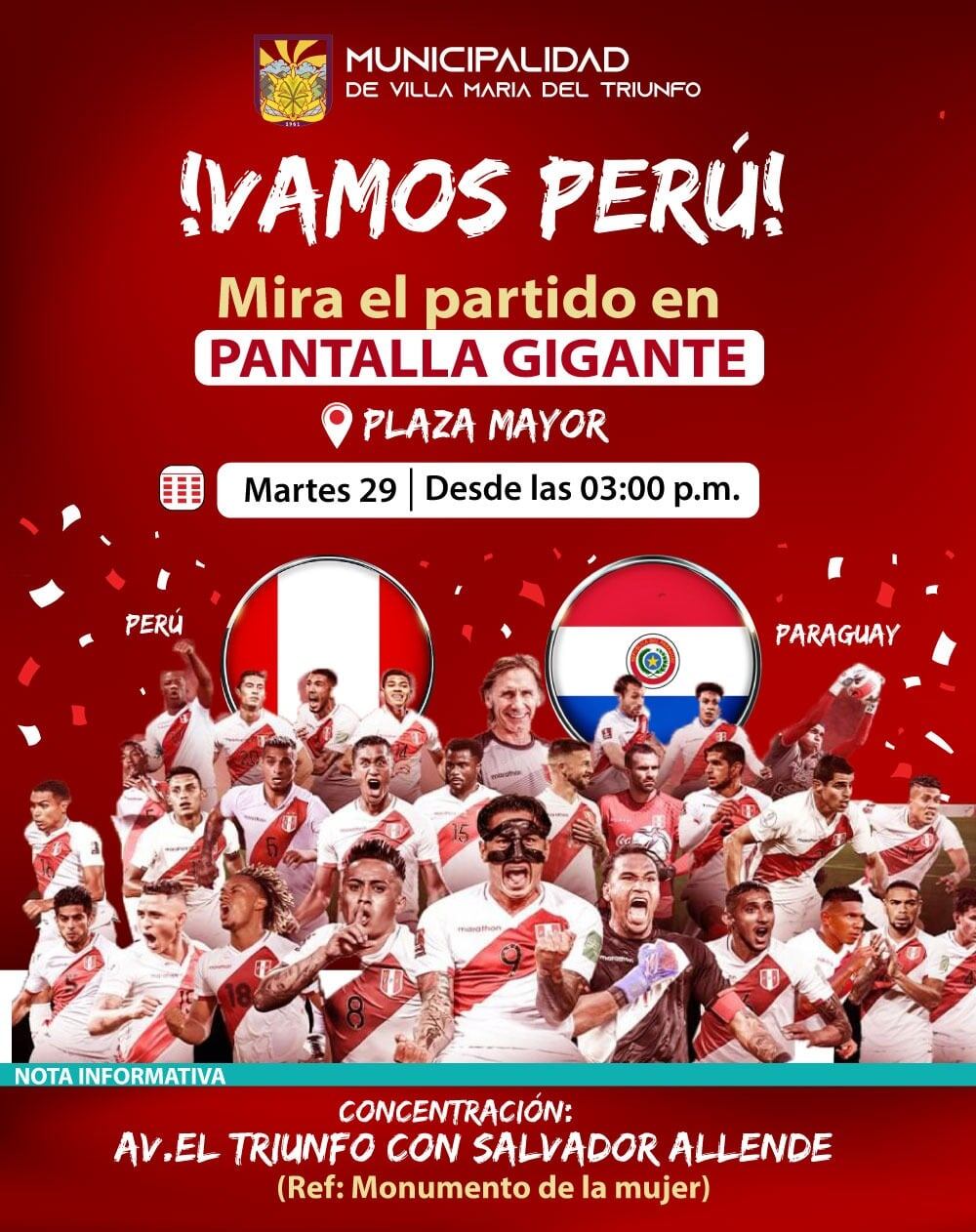 Hinchas podrán disfrutar en vivo el Perú vs Paraguay en Villa María del Triunfo en pantalla grande.