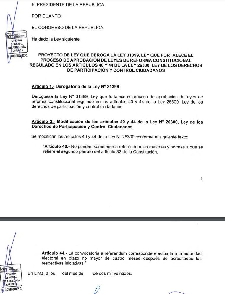 Proyecto de ley sobre referéndum sobre el cual el Gobierno pide cuestión de confianza.