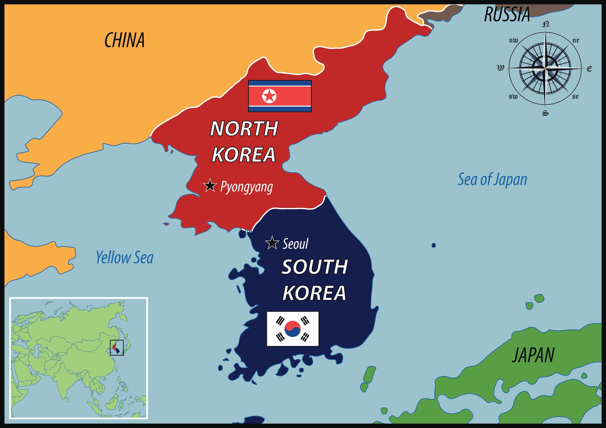 Mapa de Corea del Sur y su frontera con Corea del Norte. Foto: ¡Stock.
