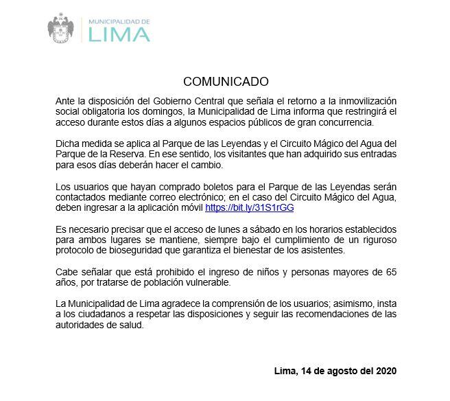 Comunicado de Municipalidad de Lima