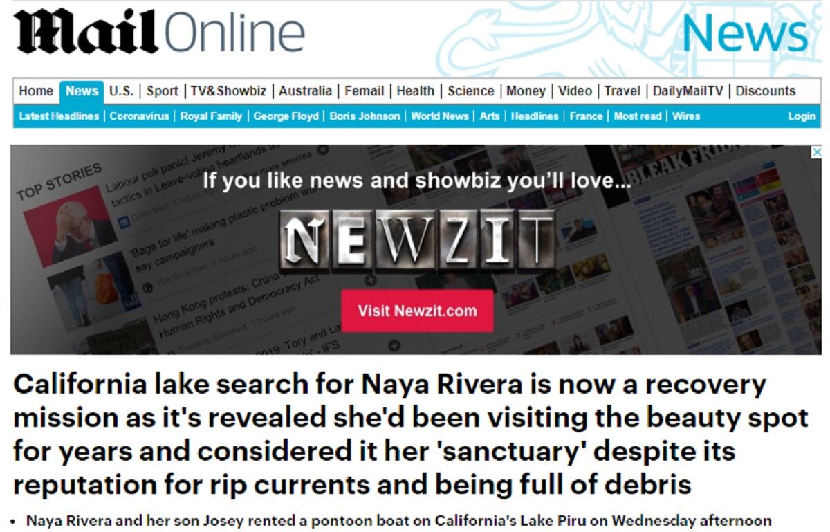 Daily Mail informa sobre la muerte de Naya Rivera. (Foto: Captura)