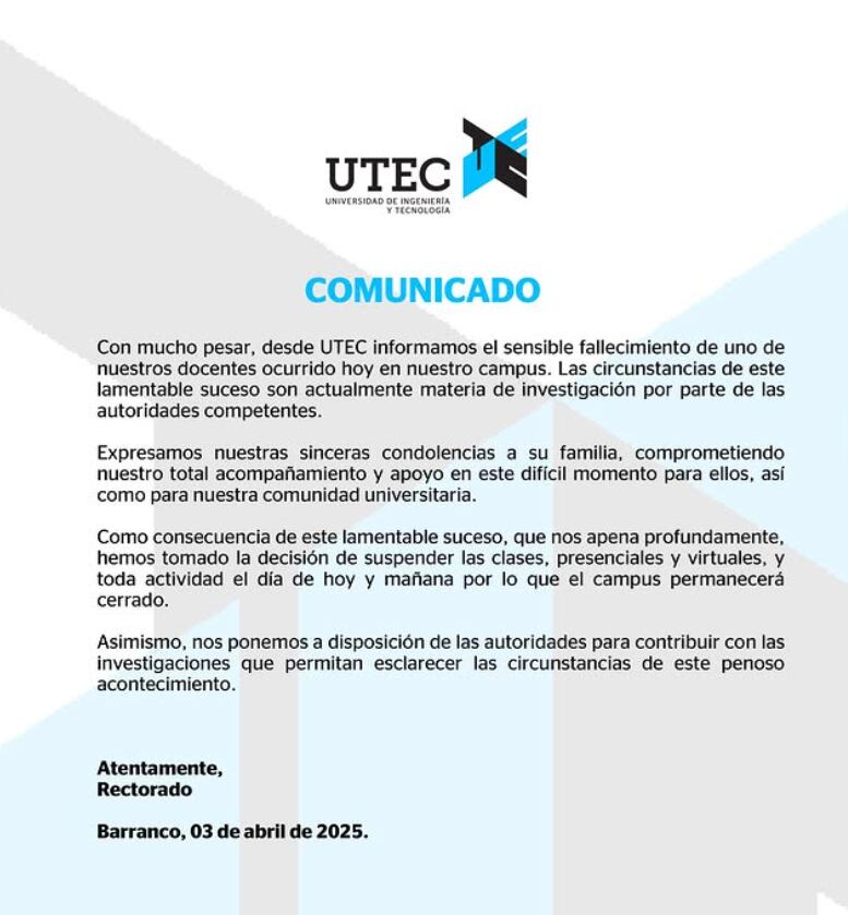 Comunicado de la UTEC informa el fallecimiento de un docente.