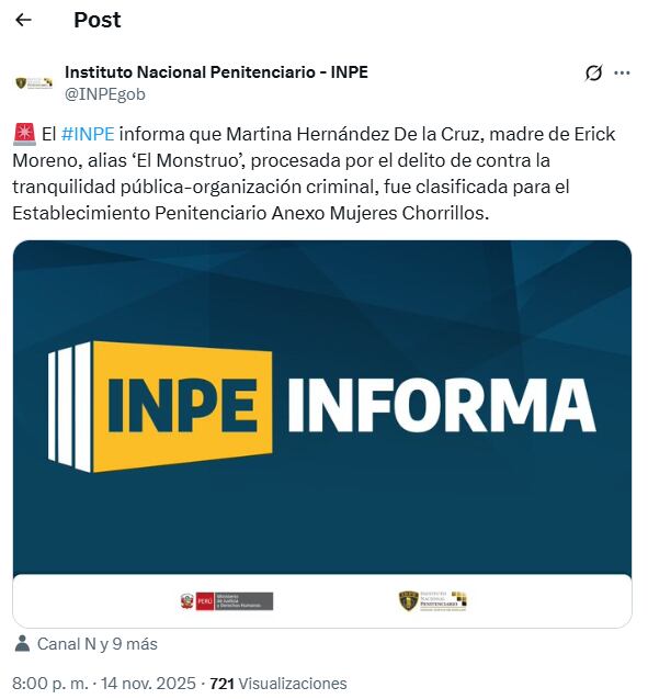 Llevan a la madre de 'El Monstruo' al penal de Chorrillos. (X:@INPEgob)