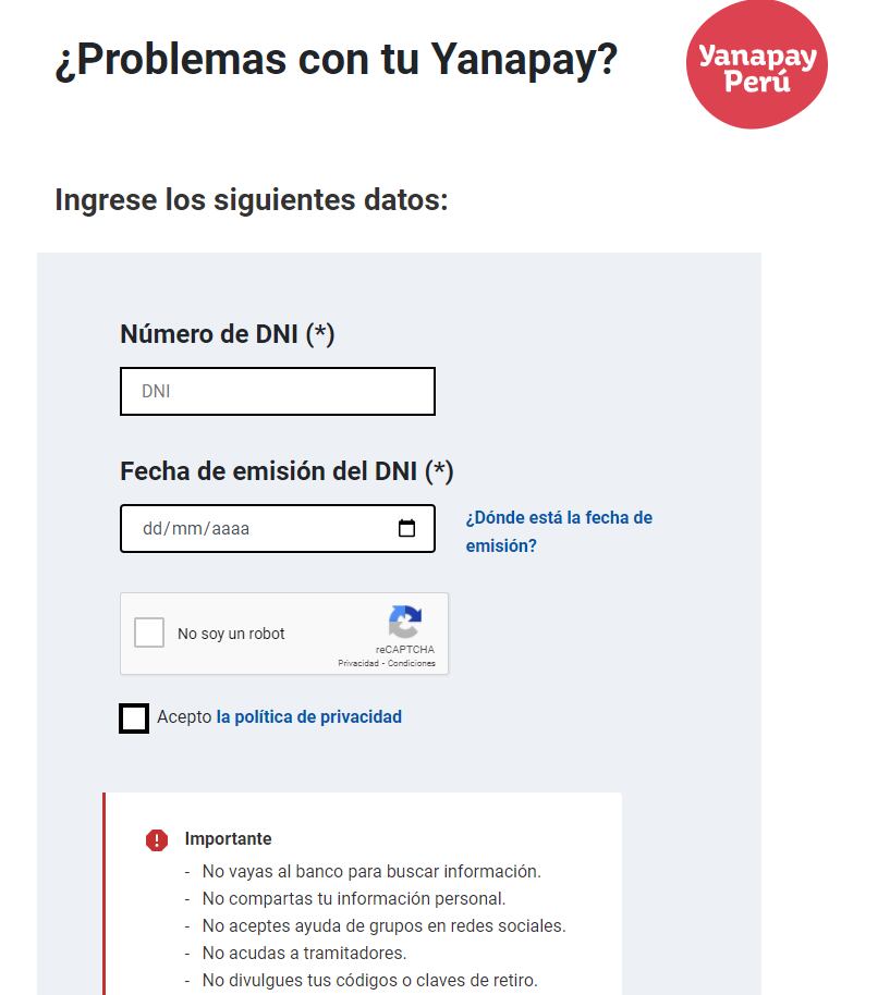 Portal para solicitar la devolución del Bono Yanapay. (Foto: Captura)