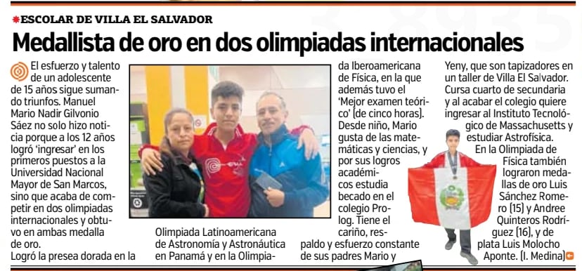 Mario Gilvonio, quien acaba de lograr beca para estudiar en el MIT, ha tenido logros académicos desde niño. (Entrevista: Isabel Medina / Diario Trome).