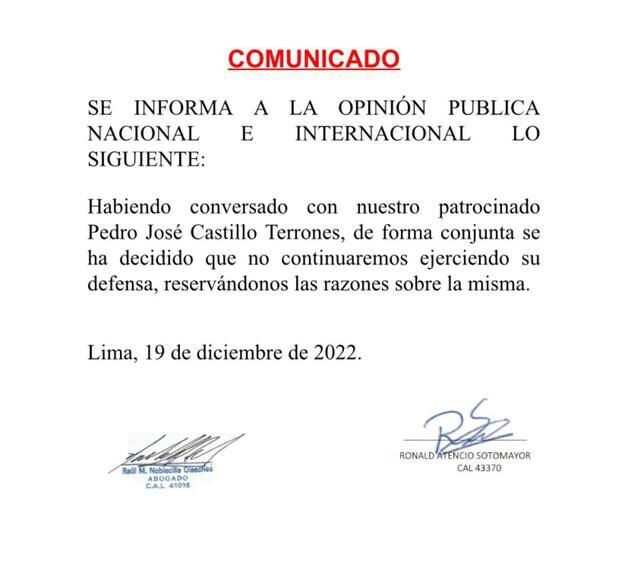 Comunicado de los ahora exabogados de Pedro Castillo.