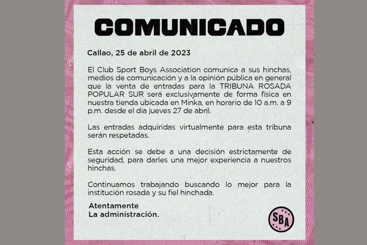 Sport Boys emitió comunicado para informar noticia a sus hinchas (@sportboys)