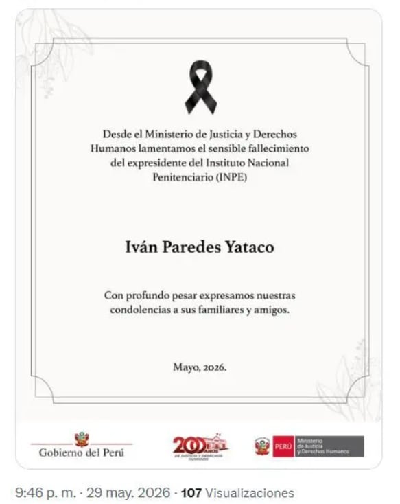El Ministerio de Justicia y Derechos Humanos confirmó el fallecimiento del abogado Iván Paredes Yataco.