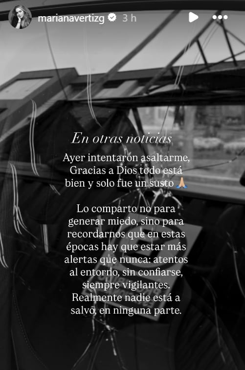 Mariana Vértiz informa a través de sus redes que sufrió intento de asalto.